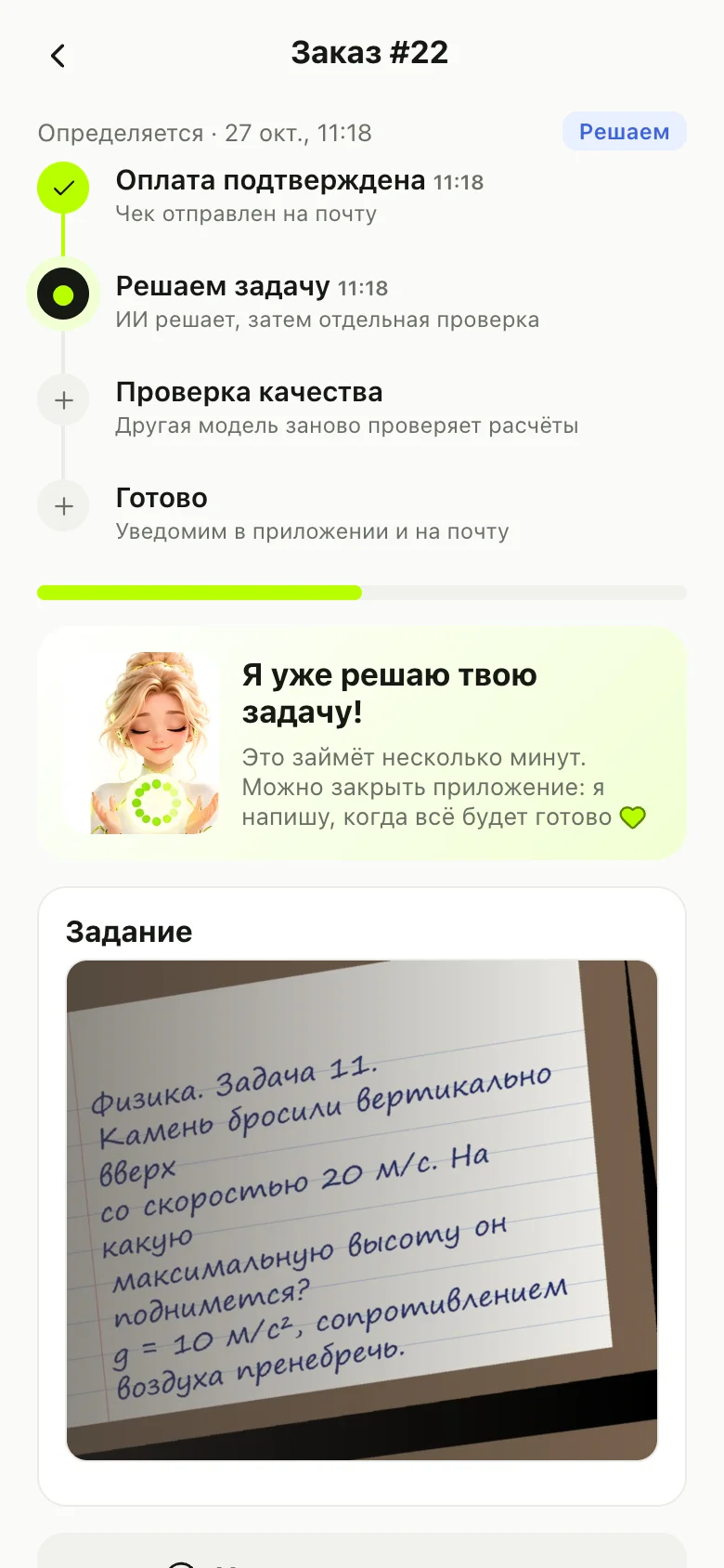 Экран заказа в приложении: шаги оплаты, решения, проверки и карточка Эйры